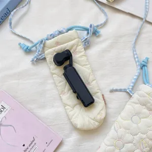 Korean style quilted camera pouch with blue plaid drawstring, cute floral embroidery design.