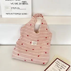 Striped tote bag with heart embroidery, casual canvas shoulder bag for daily use and school.