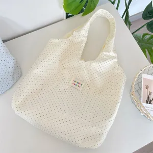 Cream polka dot canvas tote bag, casual underarm shoulder bag for daily travel and students.