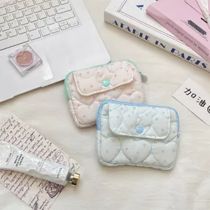 Portable Quilted Card Holder Mini Wallet With Button Heart Star Pattern Polyester Women Coin Purse Small Storage Pouch Case