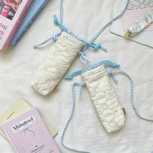 Korean sweet style quilted camera bag with blue gingham straps and cute embroidered patterns.
