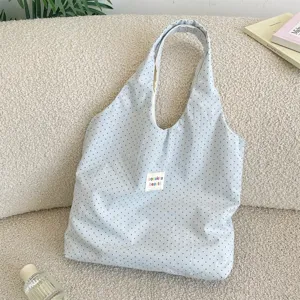 Casual polka dot canvas tote bag, stylish shoulder handbag for daily use, lightweight foldable purse.