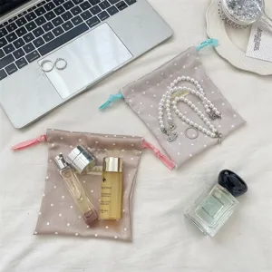 Korean polka dot storage bag satin texture drawstring pouch for daily makeup travel