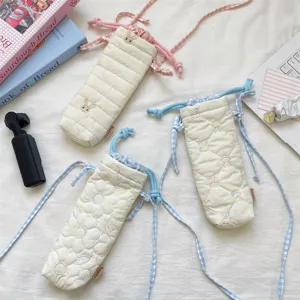 Korean style sweet quilted camera bag with colorful drawstring, cute portable shoulder pouch.