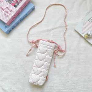 Korean sweet style quilted heart camera bag with pink plaid strap and drawstring.
