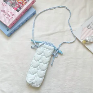Korean style cute heart quilted camera bag, stylish blue and white plaid crossbody bag.