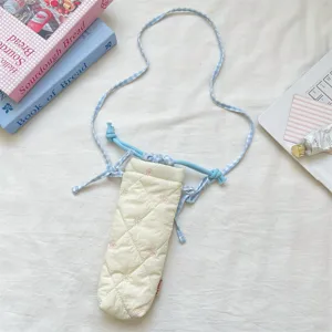 Korean style quilted camera bag with blue gingham strap and floral embroidery, cute portable pouch.