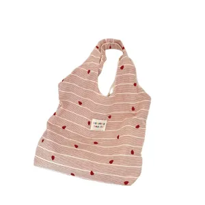Striped canvas tote bag with red heart embroidery, casual large capacity shoulder bag for daily use.