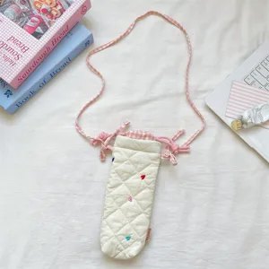 Korean style cute quilted camera bag with pink plaid strap and heart embroidery