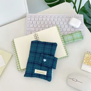 Blue green plaid fabric notebook planner cover with snap button for students stationery.