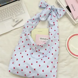 Cute blue gingham cherry print shoulder bag with bow strap, casual daily canvas bag.
