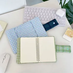 Fresh green plaid book cover and storage pouch set with snap button design for daily student stationery.