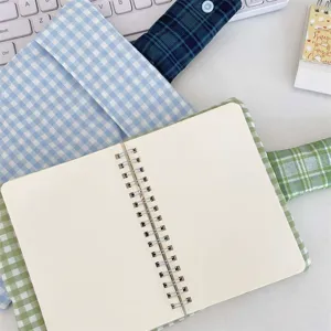 Fresh plaid fabric notebook cover with snap button design, cute planner sleeve for daily study.