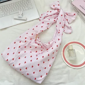Pink Gingham Cherry Print Slouchy Shoulder Bag with Big Bow Strap Cute Casual Tote Bag