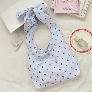 Blue gingham cherry print shoulder bag featuring sweet bow strap and drawstring detail, casual.