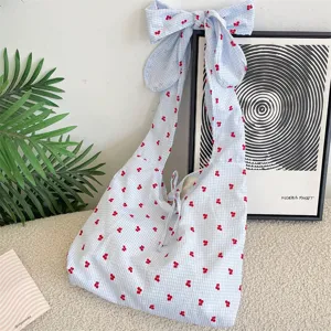 Blue checkered cherry print shoulder bag with cute bow strap, Japanese casual daily canvas bag.