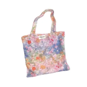 Oil painting floral canvas tote bag with 3D flocking design for daily casual chic style.