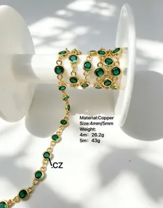 Vergoldete Kupferkette mit grünen Zirkonia Steinen, DIY Schmuckherstellung Material 4mm 5mm.
