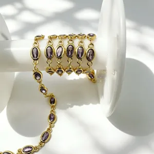 DIY 18K vergoldete Kupferkette mit lila ovalen Zirkoniasteinen für Schmuckherstellung und Basteln.
