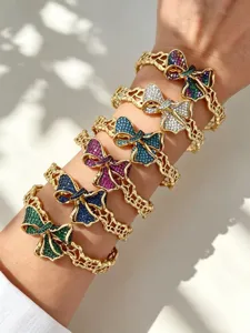 Ins Stil Luxus bunte Kristall Schleife offene Armspange Vintage Gold hohle Schmuck