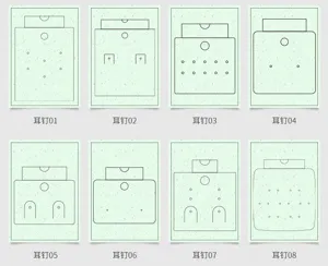 Detailed design layout showcasing eight different paper card models for jewelry and earring display.