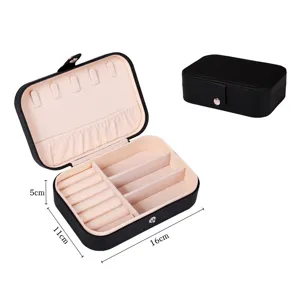 Portable black PU leather jewelry box with beige velvet interior for rings and necklaces.