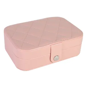 Roze PU lederen sieradendoos, dubbellaags reisorganizer voor ringen en kettingen met drukknop.