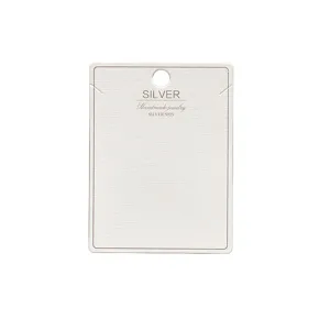 White paper jewelry display card for earrings and necklaces with S925 silver label design.