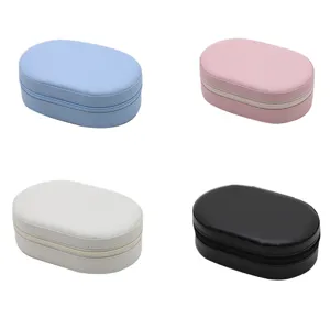 Oval PU Leather Jewelry Box Portable Travel Jewelry Organizer For Rings Earrings Necklaces Zippered Small Jewelry Storage Case