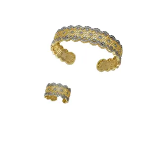 Lujo oro hueco encaje circonita pulsera brazalete y anillo conjunto elegante joyas