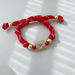 Rotes geflochtenes Armband mit vergoldetem Ankerkette Strass Mittelstück verstellbar Modeschmuck