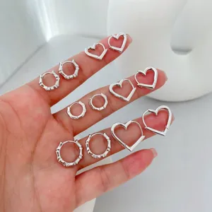 Exquisite silver bamboo and heart hoop earrings set, minimalist chic jewelry for women new.