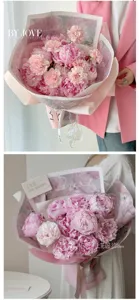 Vista dettagliata di un bouquet di fiori di peonia rosa con elegante carta da regalo.