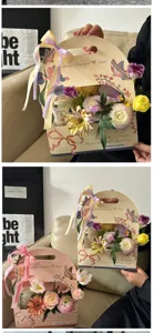 Teacher Day floral gift box handbag DIY fresh flower packaging with ribbons and butterfly prints.