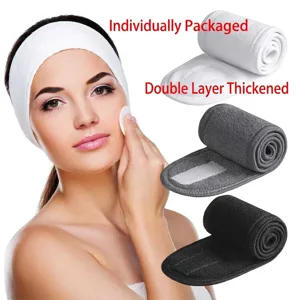 Adjustable microfiber spa headbands for washing face and makeup with model display