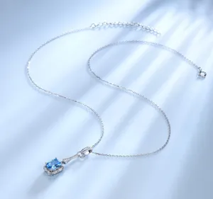 S925 Sterlingsilber Rechteckiger Blauer Topas Anhänger Halskette Elegante Modeschmuck