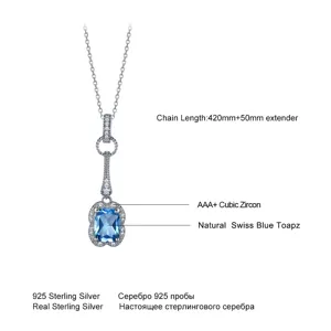 S925 Sterlingsilber Halskette mit echtem Schweizer Blau Topas und Zirkon Anhanger.
