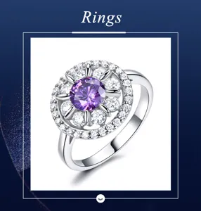 Eleganter Silber-Halo-Ring mit lilafarbenem Mittelstein und glänzenden Zirkonia-Steinen.