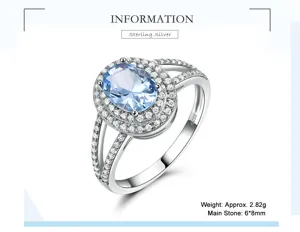 Nahaufnahme des 925 Silber Rings mit ovalem hellblauem Schmuckstein und doppeltem Zirkonrand.