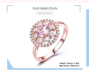 Sterling Silber Ring Detailansicht mit rosa Zirkonia Hauptstein und glitzernden Schmucksteinen.