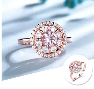 Roségold rosa Edelstein Ring mit funkelndem Diamant Heiligenschein Damen Schmuck Geschenk