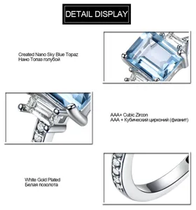 Detailansicht des quadratischen blauen Topasrings mit Zirkonia und weißvergoldetem Silber.