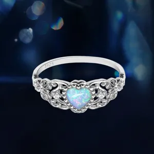 S925 Sterling Silber Herzform Regenbogen Opal Ring Retro Perlen Blumen Zargenfassung Vintage Ring Für Damen Hochzeit Schmuck