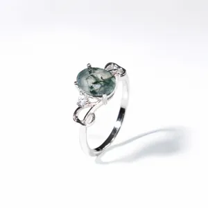 Vintage 925 Sterlingsilber Moosachat Ring Für Damen Hohl Design Cabochon Schliff Vier-Krallen Strass Schmuck Fingerring