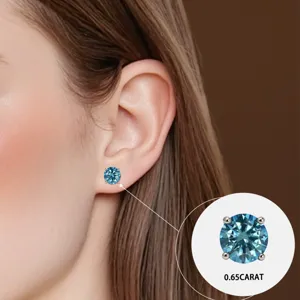 Detailaufnahme eines blauen Moissanit-Ohrrings mit 0.65 Karat rundem Edelstein.