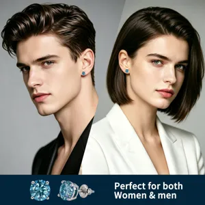 Klassische vier Krappen runde blaue Moissanit Ohrstecker in S925 Silber für Damen und Herren.