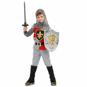 Kids medieval knight costume set with tunic, hood, toy sword and shield for cosplay party.