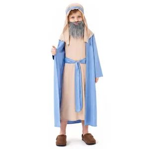 Kids shepherd costume detail showing the blue robe, beige tunic, headpiece and fake beard.