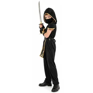 Kids ninja costume detail view, featuring black hooded top, mask and toy sword for Halloween.