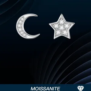 GRA Moissanit Mond Stern Ohrstecker 925 Sterlingsilber Exquisite Asymmetrische AB Funkelnde Ohrringe Schmuck Geschenk Für Damen